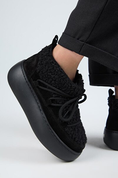 Manijero (Eleni) Kadın Hakiki Deri İçi Kürklü Mini Tedy Detaylı Siyah Bot