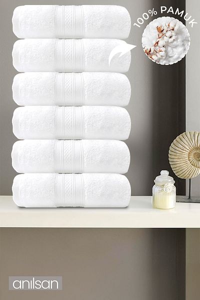 Anılsan Set of 6 White Bordered Hand Towels - 50X90 Cm, 250 Gr, 100% Cotton, Spa and Hotel Towels