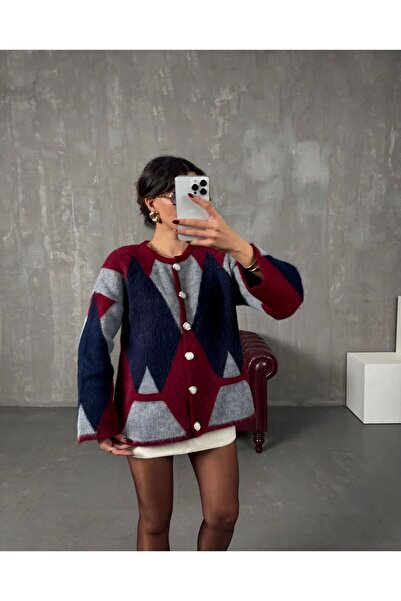 Sfg Life Moda Women's Raised Pocket and Diamond Patterned Knitwear Cardigan