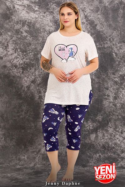 Jenny Daphne Set de pijamale Capri cu mâneci scurte cu imprimeu de noapte Lady Plus Size 10713