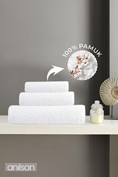 Anılsan Set of 3 White Towels - 1 Hand Towel 50X90 1 Bath Towel 70X140 1 Foot Towel 50X70