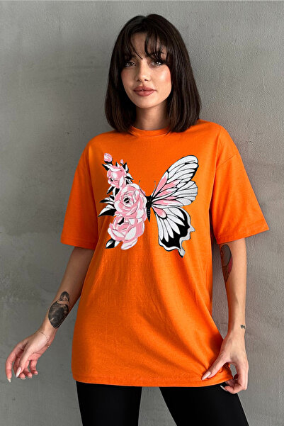 Stendhal Γυναικείο μπλουζάκι με πορτοκαλί φλοράλ πεταλούδα με στάμπα με λαιμό...