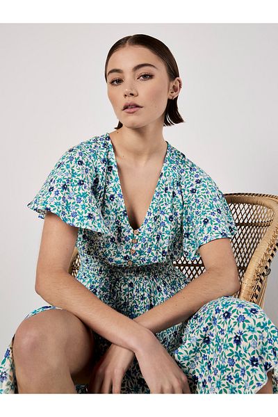 Apricot Gesmoktes Minikleid mit Zacken