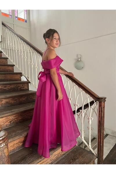 BUTİKHAPPYKİDS Kız Çocuk Uzun Fuşya Askılı Şifon Abiye Elbise 10-15 Yaş