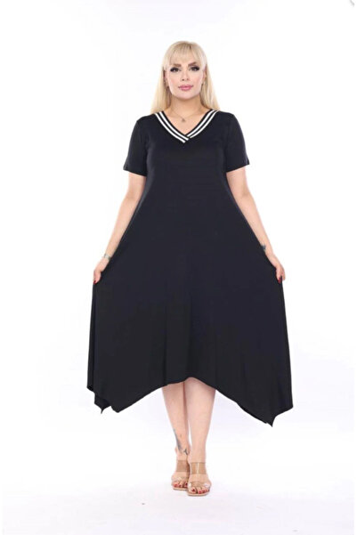 kısmet sepeti Γυναικείο φόρεμα Asimeteik Cut με λαιμόκοψη - Κομψό καλάθι από χτενισμένο βαμβάκι σε μεγάλο μέγεθος