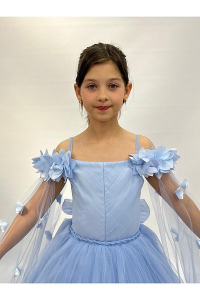 BUTİKHAPPYKİDS Blue Floral Patterned Girl's Evening Dress - Age 2-11