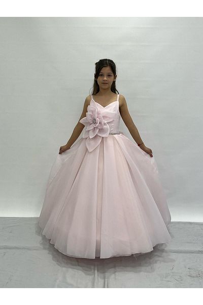 BUTİKHAPPYKİDS Girl's Evening Dress Powder Large Floral Stone Detailed Hoop Wedding Dress 2-11 Years