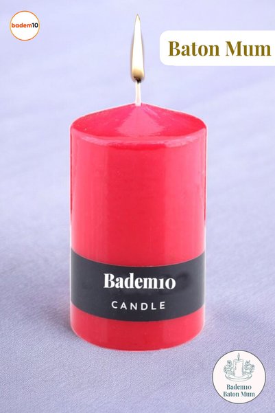 Badem10 Baton Mum Kırmızı Silindir Dekoratif Mumu Kandil Hediyelik Fitilli Mu...
