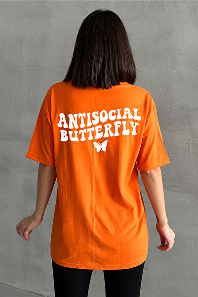 Stendhal Tricou oversize pentru damă, portocaliu, antisocial, cu imprimeu cu ...