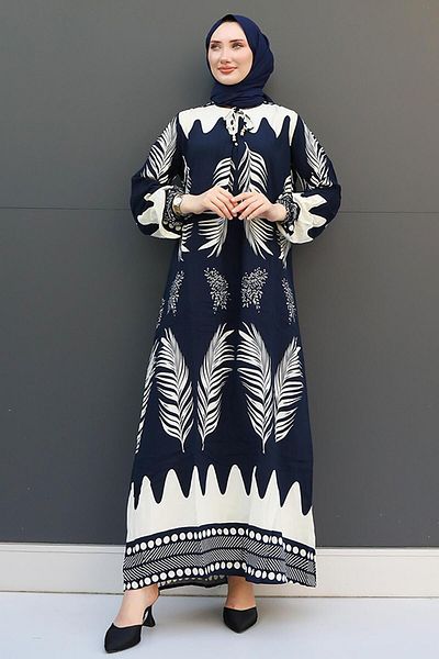 GİZ AGİYİM Φόρεμα Dark Navy Blue Leaf Hijab