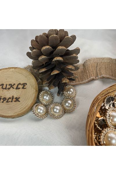 Bukle İplik Ethnic Gold Framed Plastic Button - 34" Length, 21.5mm, Large Pearl Detail, Bottom Stitching - 12Pcs