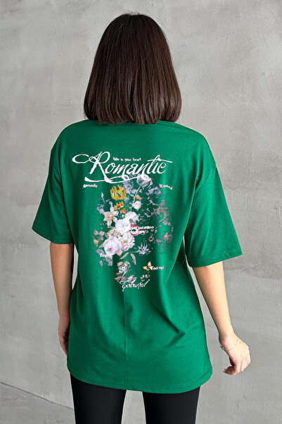 Stendhal Tricou oversize cu decolteu rotund cu imprimeu romantic verde pentru...