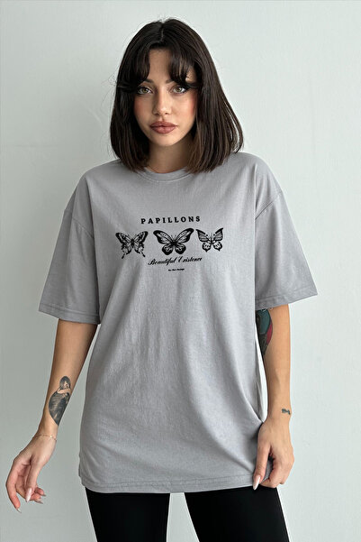 Stendhal Tricou supradimensionat pentru damă, gri Papllion, cu imprimeu fluture
