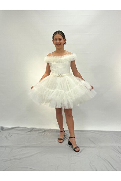 BUTİKHAPPYKİDS Kız Çocuk Abiye Ekru Askılı Yakası Fırfırlı Beli Tokalı Kısa K...