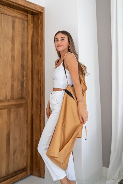 sharin Kadın Taba Rengi Su Geçirmez Askı Detaylı Oversize Mevsimlik Trençkot 3e-6339