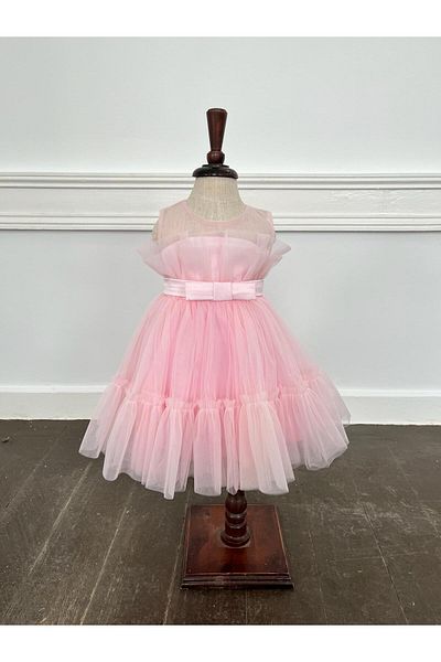 BUTİKHAPPYKİDS Girls' Blue Collar Rose Flowers Bandana Short Tulle Evening Dress 9-36 Months