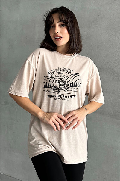 Stendhal Γυναικείο μπλουζάκι με στάμπα μπλουζάκι με λαιμόκοψη σε μπεζ Surf Club