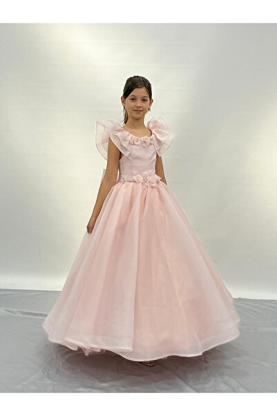 BUTİKHAPPYKİDS Kız Çocuk Abiye Pudra Kolları Fırfırlı Kasnaklı Gelinlik 2-11 Yaş