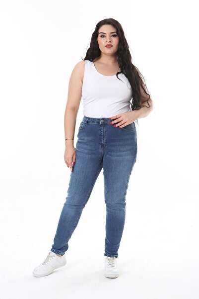 Şans Large Size High Waist Lycra Blue Jeans - 5 Pockets 65N38134