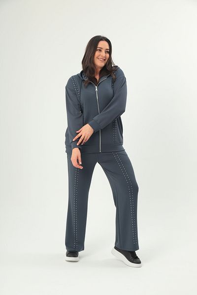 Şans Women's Plus Size Smoked Stone Detailed Hooded Tracksuit Suit 65N38713
