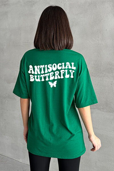 Stendhal Tricou oversize pentru damă, verde, antisocial, cu imprimeu cu fluturi