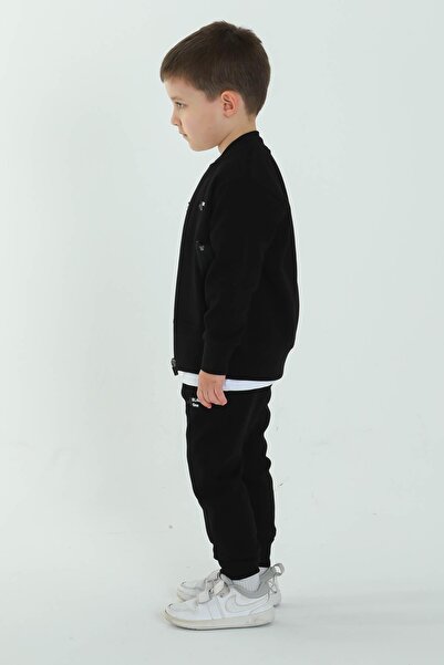 Black One UNİSEX ÇOCUK ÇİFT CEPLİ BASKI DETAYLI BİSİKLET YAKA TİŞÖRT FERMUARLI HIRKA AYARLANABİLİR BEL LASTİKL