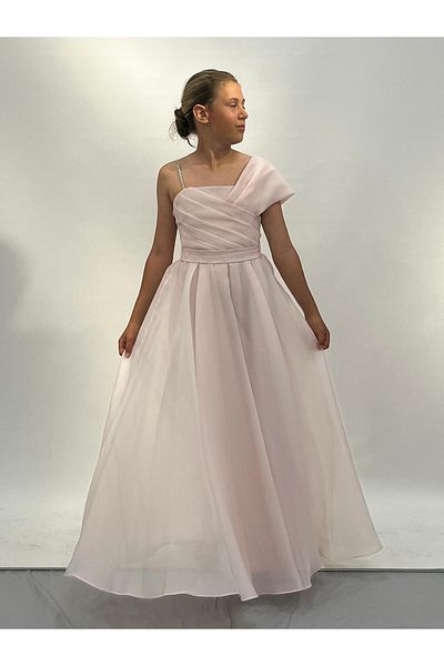 BUTİKHAPPYKİDS One Shoulder Powder Chiffon Evening Dress - Drape Detailed, Long Dress, 10-14 Years