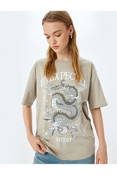 Koton Slogan Printed Crew Neck Short Sleeve Oversize T-Shirt