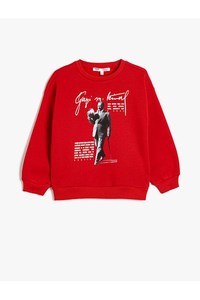 Koton Ataturk Printed Long Sleeve Raised Sweatshirt - Crew Neck