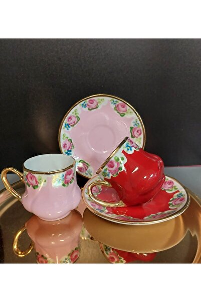 BY.RAYKA PORSELEN El Dekor Saray Porcelain Hand Painting Set of 2 Coffee Cups