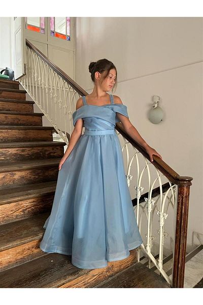 BUTİKHAPPYKİDS Rochie de seara din sifon cu bretele albastre lungi pentru fete 10-14 ani