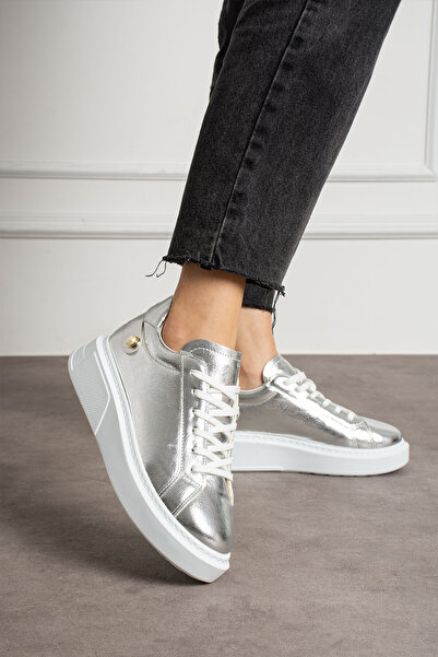 KOTAN Silver Lace-Up Pearl Detailed Thick Sole Sneakers