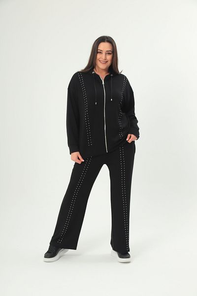 Şans Women's Plus Size Black Stone Detailed Hooded Tracksuit Suit 65N38713