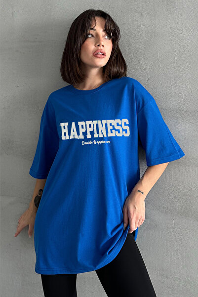 Stendhal Γυναικείο μπλουζάκι με στάμπα μπλε Happiness Crew Neck Oversize