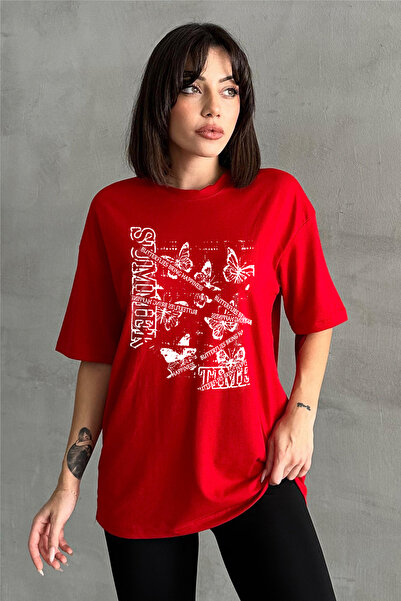 Stendhal Γυναικείο μπλουζάκι με κόκκινο καλοκαιρινό εμπριμέ με λαιμόκοψη