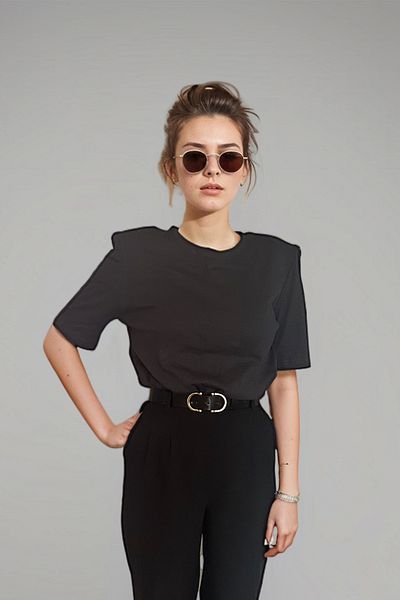 poupee Anthracite Padded T-shirt - Round Neck, Short Sleeve, Knitted T-shirt
