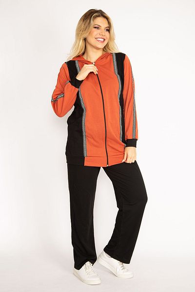 Şans Plus Size Orange Hooded Tracksuit Set with Zipper and Stripe Detail 65N38708