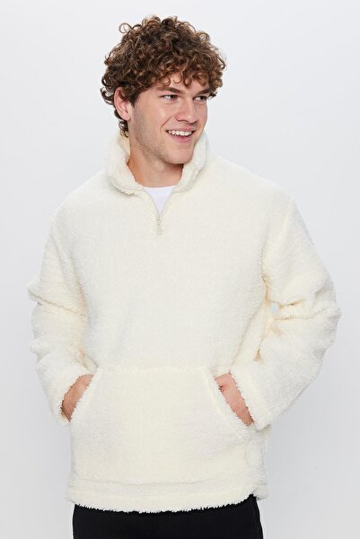 Tudors Unisex Relax Fit Rahat Kesim Yarım Fermuarlı Kanguru Cepli Beyaz Dik Y...