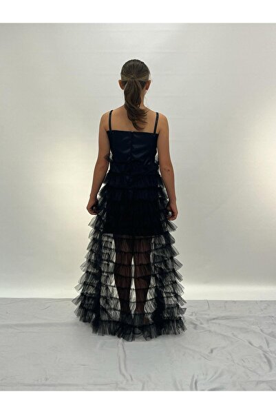 BUTİKHAPPYKİDS Kız Çocuk Abiye Siyah Kısa Payetli Mini Etekleri Kat Kat Abiye Elbise 8-16 Yaş