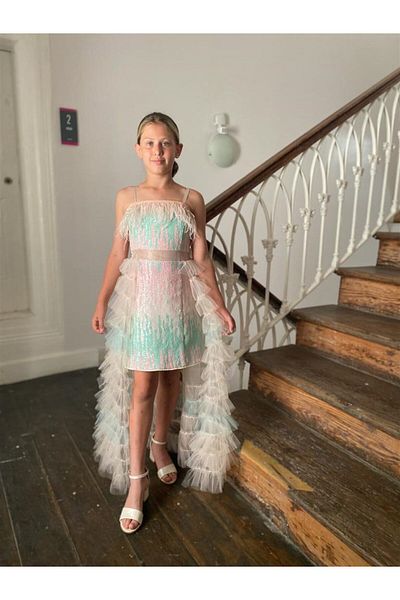 BUTİKHAPPYKİDS Girl's Evening Dress Colorful Thin Straps Inside Mini Sequined Layered Tulle Skirt 8-16 Years