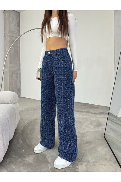 BİKELİFE Blaue, detaillierte Damenhose mit weitem Bein und speziellem Design