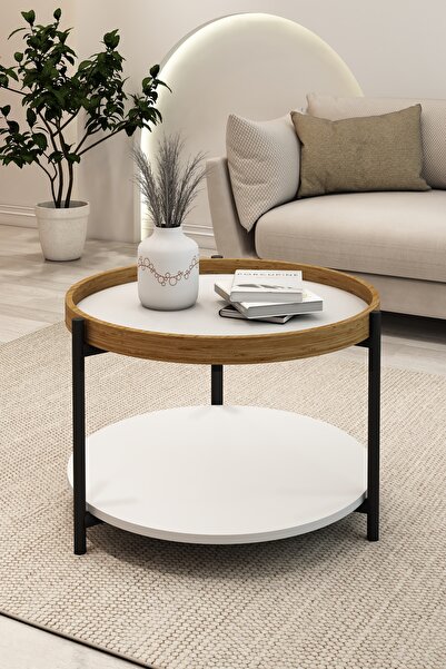 TALAŞTOZUM Ahşap Çerçeveli Beyaz Orta Sehpa 2 Katlı 60 Cm.