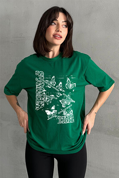 Stendhal Tricou oversize pentru damă, verde, cu imprimeu de vară