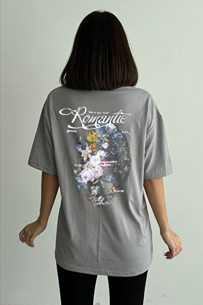 Stendhal Tricou oversize cu decolteu rotund cu imprimeu romantic gri pentru f...