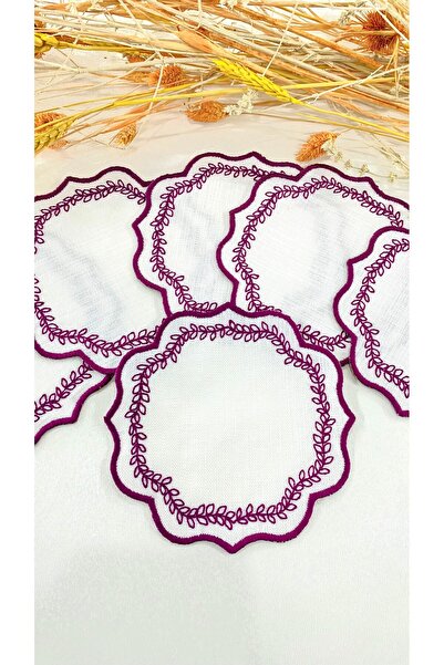 İNCİ ÇEYİZ 6 bucăți de șervețele de cocktail și coaster de cafea brodate pe țesătură de in.