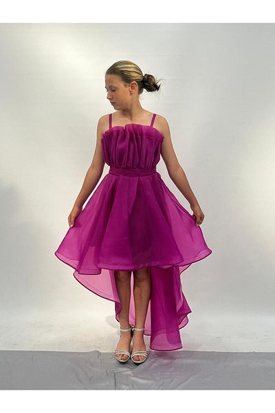 BUTİKHAPPYKİDS Fuchsia Tailed Accordion Collar Girl's Evening Dress - 10-14 Years