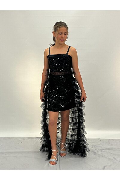 BUTİKHAPPYKİDS Kız Çocuk Abiye Siyah Kısa Payetli Mini Etekleri Kat Kat Abiye Elbise 8-16 Yaş