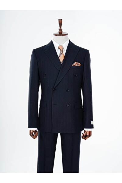 PAREZ Premium Erkek Kruvaze Çizgili Takım Elbise Slim Fit İtalyan Stil Punto Dikişli Ceket Pantolon
