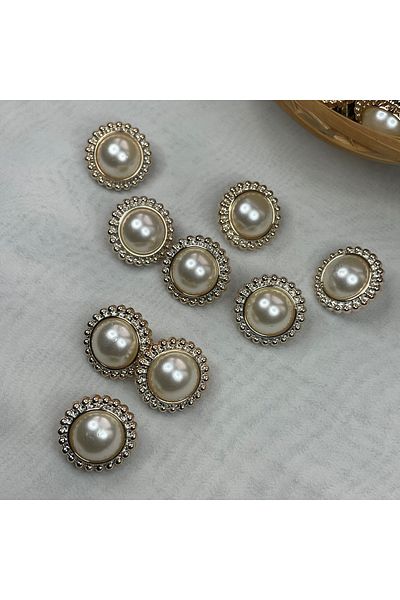 Bukle İplik Ethnic Gold Framed Plastic Button - 34" Length, 21.5mm, Large Pearl Detail, Bottom Stitching - 12Pcs