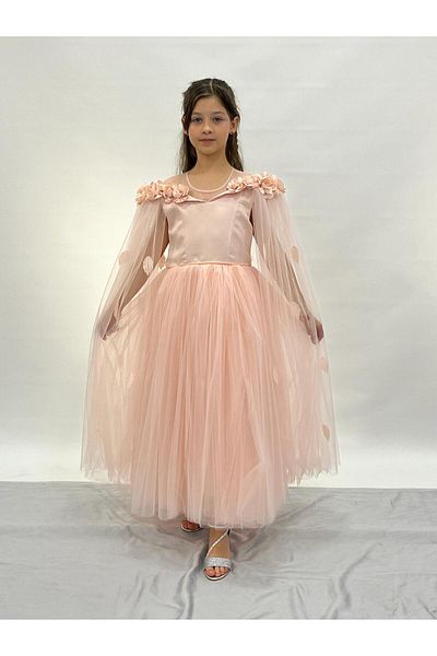 BUTİKHAPPYKİDS Girls' Evening Dresses Powder Long Tulle with Cape and Flowers Gowns 6-14 Years